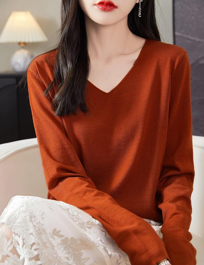 Chanyarn Women's 100% Merino Wool Base Layer Shirt Tops V Neck Long Sleeve Travel Hiking Tee T Shirt Pullover Sweater