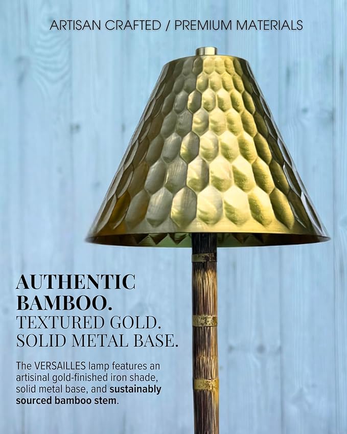 Bamboo Cordless LED Table Lamp – Rechargeable 24-Hour Battery, Dimmable Warm Light, 15" Portable Wireless Lamp with Remote for Indoor/Outdoor Use, Home, Patio, Restaurant – Textured Gold