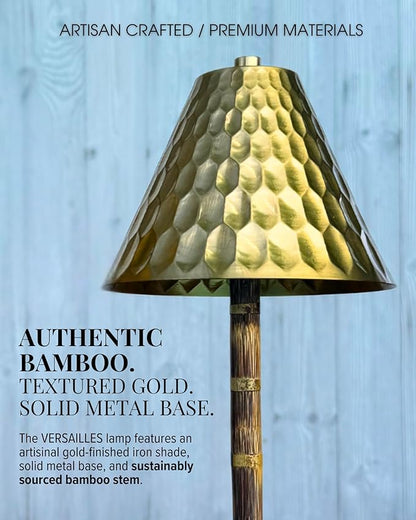 Bamboo Cordless LED Table Lamp – Rechargeable 24-Hour Battery, Dimmable Warm Light, 15" Portable Wireless Lamp with Remote for Indoor/Outdoor Use, Home, Patio, Restaurant – Textured Gold
