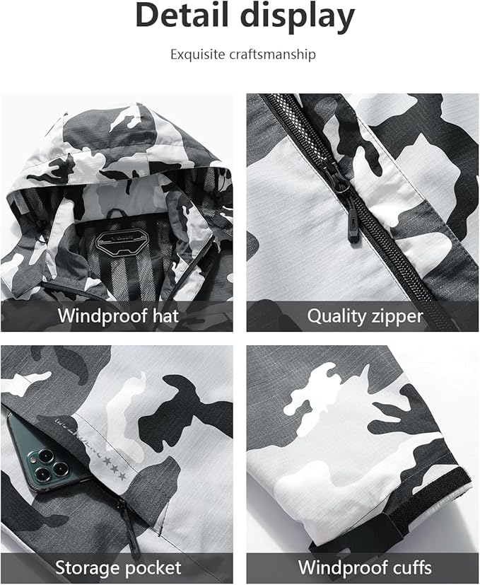 Outdoor Men's Waterproof Raincoat Windbreaker Lightweight Rain Jacket with Detachable Hood