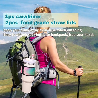 Water Bottle Carrier Holder with Shoulder Strap Water Bottle Handle Strap Sling for Stanley 30&40oz Tumblers with 2pc Straw Covers Toppers for Stanley Cup Accessories (Colorful Print)