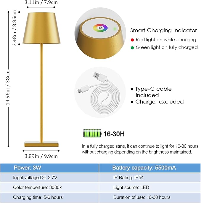2-Pack LED Cordless Table Lamp with RGB & Stepless Dimming, 3W 5500mAh Rechargeable Desk Lamps Battery Operated Table Light Stepless Dimmable Portable Table Lamp for Table/Bedroom/Outdoor (Gold)