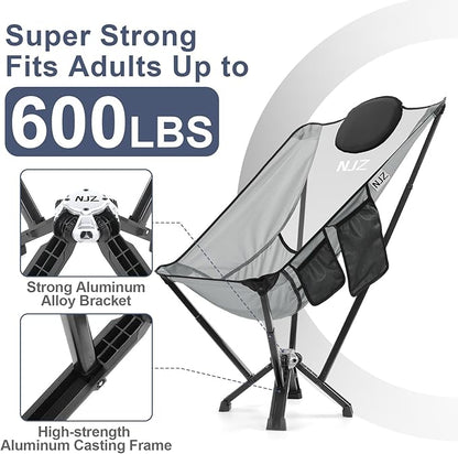 High Back Camping Folding Chairs - 600 LBS Capacity Heavy Duty Camping Chair with Comfortable Backrest & Headrest, Quick Setup - Compact Camp Chair for Picnic, Fishing, Beach, Lawn - Silver