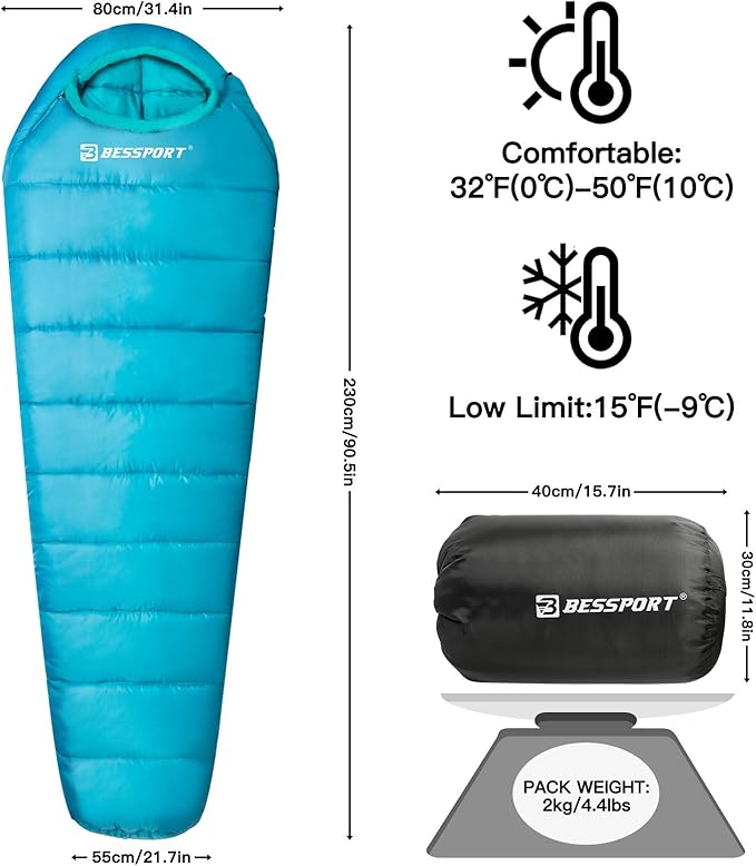 Bessport Mummy Sleeping Bag | 15-45 ℉ Extreme 3-4 Season Sleeping Bag for Adults Cold Weather– Warm and Washable, for Hiking Traveling & Outdoor Activities