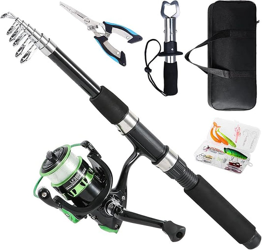 Fishing Rod, 6.9ft Telescopic Fishing Rod and Reel Combo with Fishing Pliers and Lip Gripper Fishing Equipment, 5.2:1 Pre-Loaded Spinning Reel Combo Set Fishing Pole
