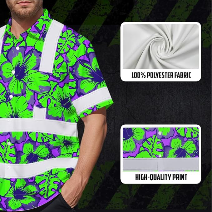 High Visibility Hawaiian Shirt for Men Tropical Shirts Custom Name Floral Outfit Reflective Safety Workwear