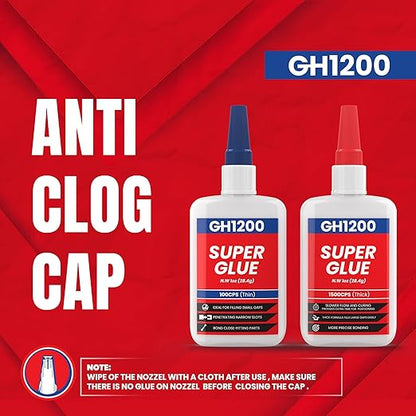 GH1200 57 Grams (2 oz) 100/1500 CPS (Thin/Thick) Super Glue All Purpose with Anti Clog Cap. Ca Glue - Adhesive SuperGlue. Cyanoacrylate Glue for Hard Plastics, DIY Craft, Metal 1 Oz Each