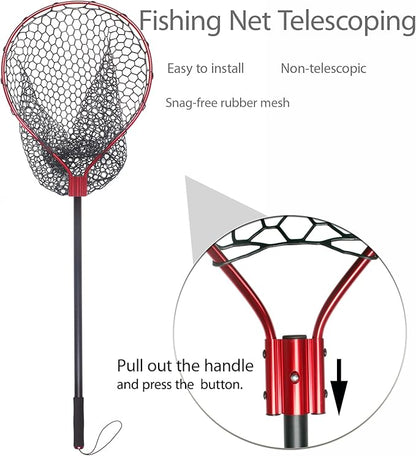 Fishing Landing Net with Long Handle Non-Telescopic,Large Rubber Fishing Net for Kayak/Fly | Hoop Size 23.6″ x 19″ | Overall Length: 67″ | Net Depth 24.8″