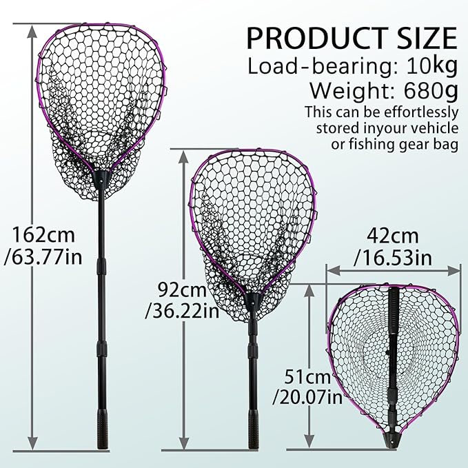 Telescoping Metal Lock Fishing Net with Handle Red Green 64" 52" 3-Section Rubber Fish Net - Adjustable Length Lightweight Foldable Large Big Collapsible Extendable Fishing Net