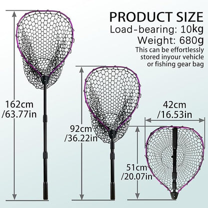 Telescoping Metal Lock Fishing Net with Handle Red Green 64" 52" 3-Section Rubber Fish Net - Adjustable Length Lightweight Foldable Large Big Collapsible Extendable Fishing Net
