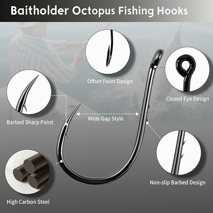 Octopus Baitholder Fishing Hooks, 50/100pcs Sharp Barbed High Carbon Steel Offset Circle Hooks for Freshwater Saltwater