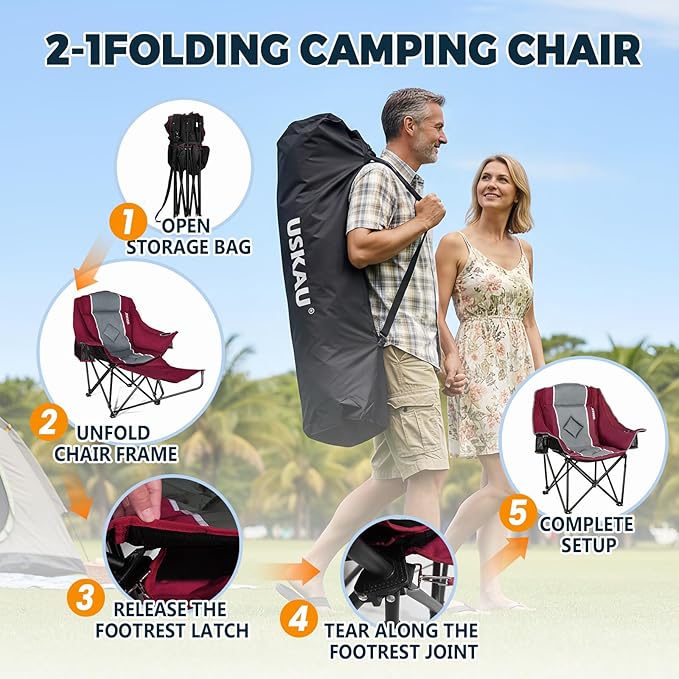 Camping Chair with Removable Footrest, Oversized Outdoor Chair with Headrest & Cup Holders, 400lb Capacity Lawn Chair for Sports Backyard Fishing