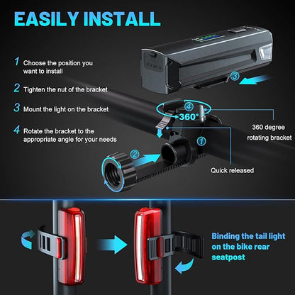 Bike Lights for Night Riding, Bicycle Light Front Headlight and Back Taillight with 4+5 Light Modes, USB Rechargeable Bright Bike Headlights for Cyclists and Commuters