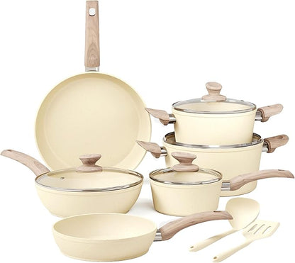 Kitchen Academy Induction Pots and Pans Set Non Stick - 12Pcs Beige Nonstick Kitchen Cookware Set, Granite Cooking Pans Set