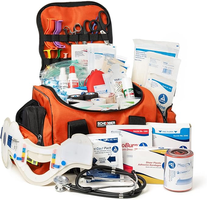 Scherber First Responder Fully-Stocked Large Professional Essentials EMT/EMS Trauma Kit | HSA/FSA Approved | Reflective Bag w/8 Zippered Pockets & Compartments & 250+ First Aid Supplies (Orange)