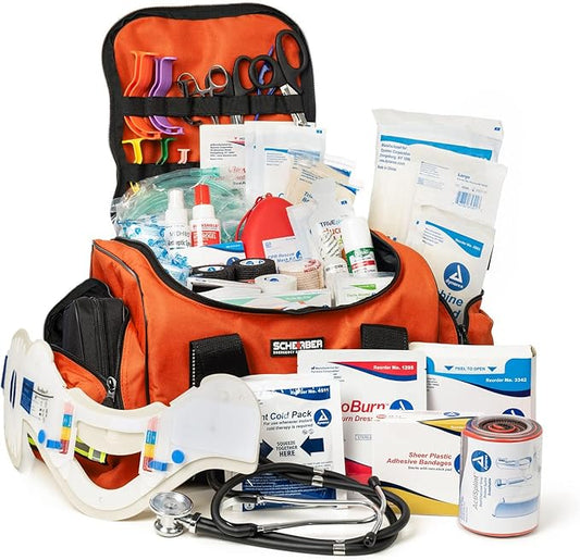 Scherber First Responder Fully-Stocked Large Professional Essentials EMT/EMS Trauma Kit | HSA/FSA Approved | Reflective Bag w/8 Zippered Pockets & Compartments & 250+ First Aid Supplies (Orange)