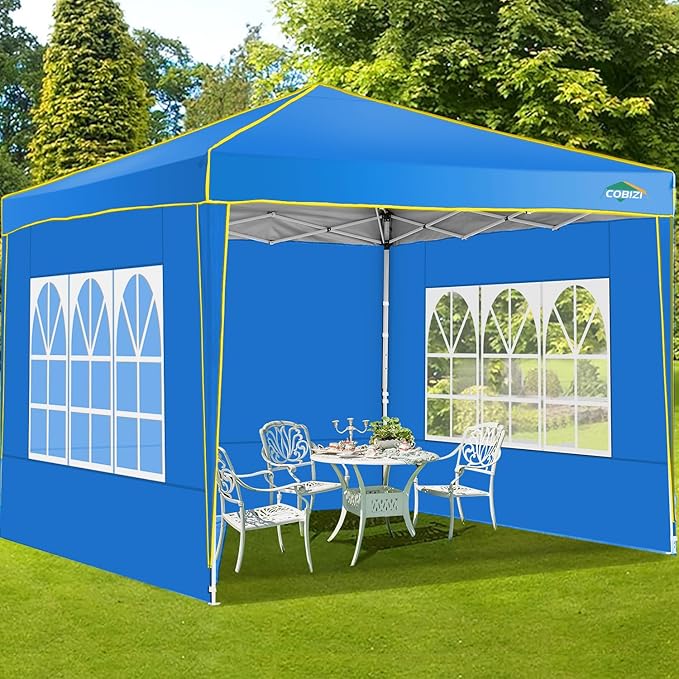 COBIZI 10x10 Pop up Canopy, Canopy Tent 10x10 Gazebos, Ez up for Parties Beach Camping Party Event Shelter Sun Shade with 4 Sidewalls & Carry Bag 4 Stakes & Ropes & Sandbags, Blue