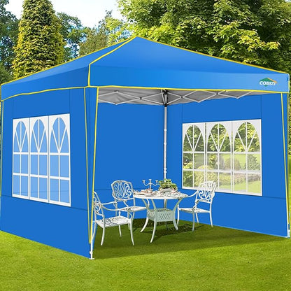 COBIZI 10x10 Pop up Canopy, Canopy Tent 10x10 Gazebos, Ez up for Parties Beach Camping Party Event Shelter Sun Shade with 4 Sidewalls & Carry Bag 4 Stakes & Ropes & Sandbags, Blue