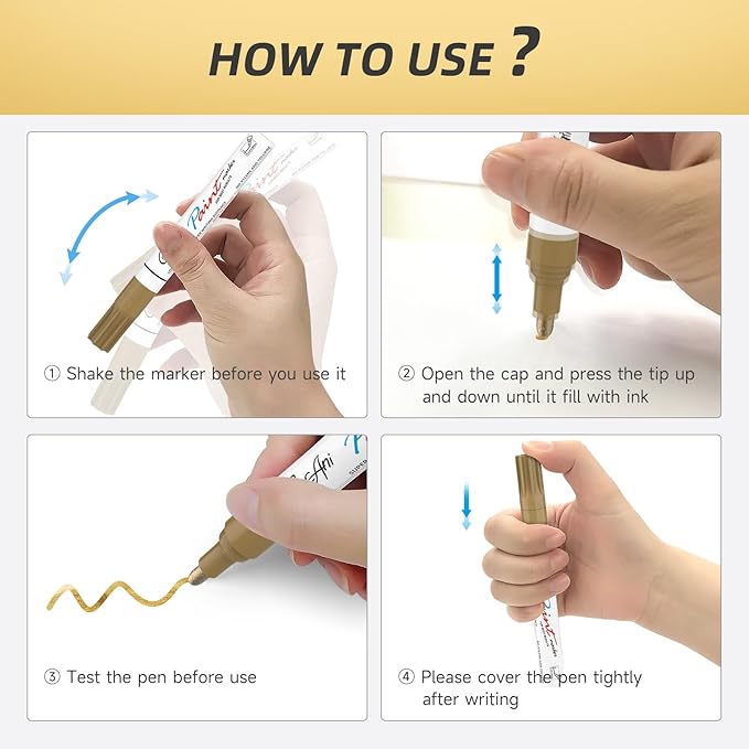 Paint Markers Paint Pens, Set of 2 Gold Oil Based Permanent Markers for Rock Painting, Metal,Glass,Ceramic,Wood,Canvas DIY Crafts Art Project (Gold,2 Pack)