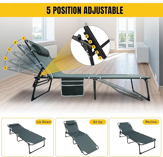 YELLOW JACKET Folding Camping Cot for Adults Adjustable 5-Position Portable Sleeping Cot Bed with Pillow and Removable Mattress Reclining Foldable Camp Cots for Outdoor,Home,Beach,Patio,Grey