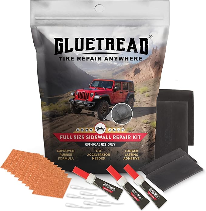 GlueTread Full-Size 4x4 Sidewall Tire Repair Kit | Sidewall Tire Patch Kit Puncture Repair Kit for Off-Road 4x4 Vehicles | Improved Rubber Formula No Accelerator Needed 10 Minutes Curing Time