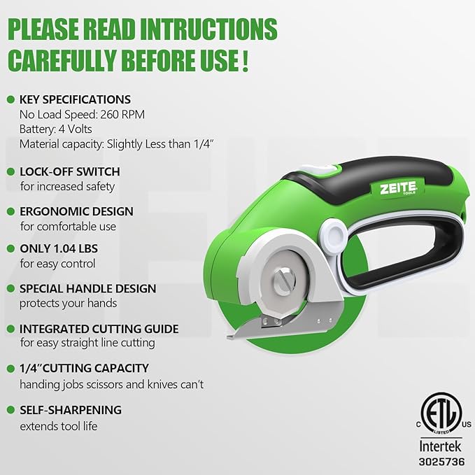 ZEITE 4V Cardboard Box Cutter,Cordless Electric Scissors,Max Cutting 1/4",Ideal for Cardboard,Thin Carpet & Plastic Recycling,Easy to Hold and Safe,Green