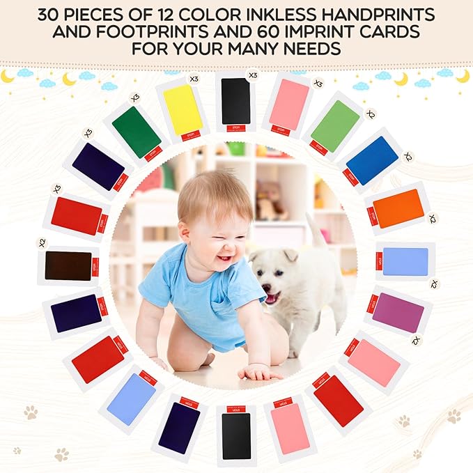 Jetec 30 Set Inkless Baby Footprint and Handprint Kit, Clean Touch Ink Pad for Baby Hand and Footprints, Dog Paw Print Kit with Ink Pads and Imprint Cards for Newborns Babies Pets Gifts (12 Colors)