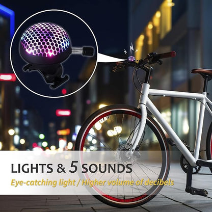 Electric Bike Ring Bell - Loud Bicycle Horn for Adult Bikes 5 Sounds 100dB - Classic Bicycle Bells for Road Bike- Rechargeable & Water Resistant, Light Up Bike Bell for Kids & Adults (Black)
