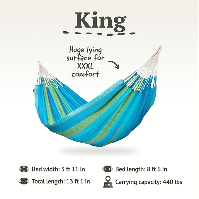 LA SIESTA Flora Classic Cotton Hammock with TreeMount & Straps - Extra Large Patio Hammock, Indoor/Outdoor, 2 Person - King, Curacao