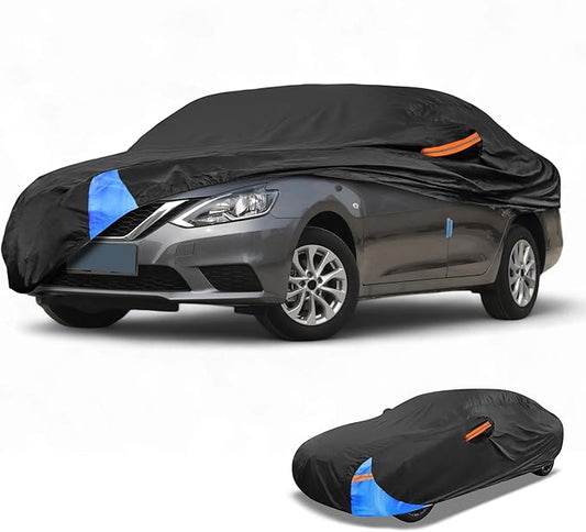 Waterproof All-Weather Universal Car Cover with Right Side Zipper, 190T Polyeste Black Blue Fits for Sedan 190" to 198" Length