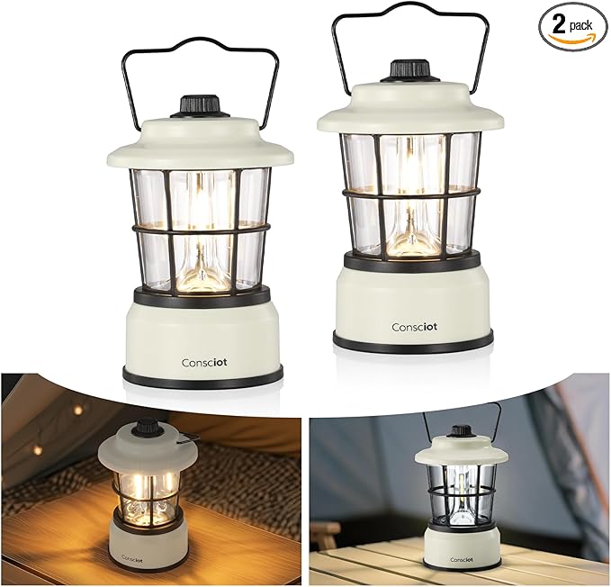 Consciot CL1 Mini Dual Light Sources LED Lantern, Retro Style Battery Powered Lamp, Dimmable Warm White and Daylight Modes, Up to 200H Run Time, Portable Atmosphere Lights for Indoor & Outdoor Use