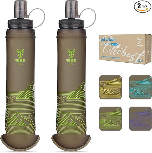 500ml Soft Flask, 2 Pack Flexible TPU Hydration Water Bottle, Collapsible with 42mm Caliber for Running, Hiking, Cycling, Climbing, and Marathon Green