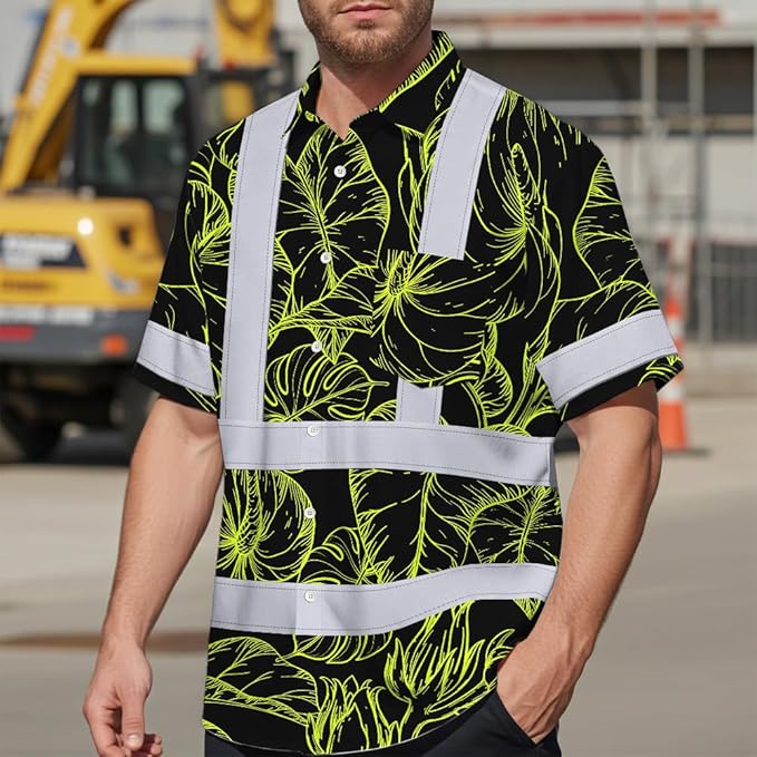 High Visibility Hawaiian Shirt for Men Tropical Shirts Custom Name Floral Outfit Reflective Safety Workwear