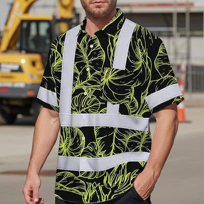 High Visibility Hawaiian Shirt for Men Tropical Shirts Custom Name Floral Outfit Reflective Safety Workwear