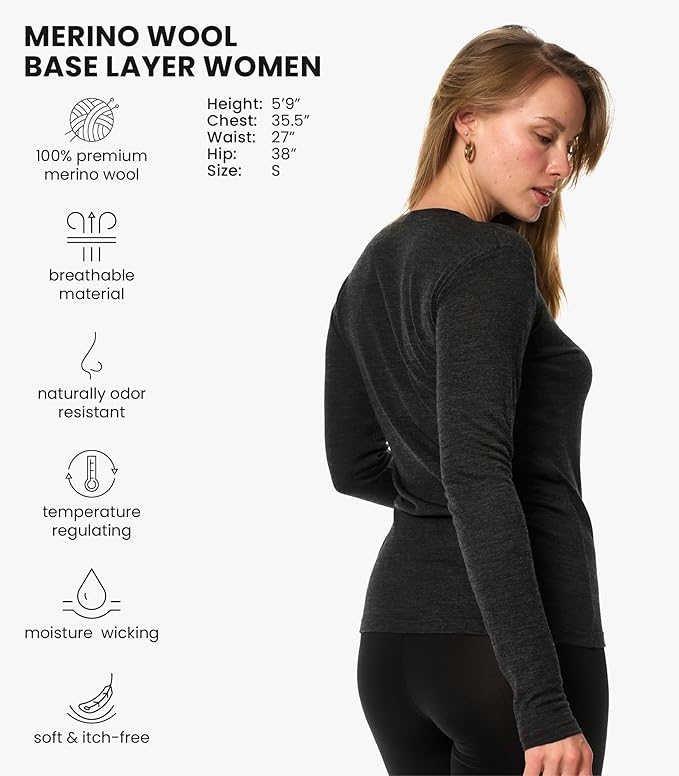 Merino Wool Base Layer Women - 100% Merino Wool Shirt Women Thermal Underwear Long Sleeve T-Shirt for Hiking