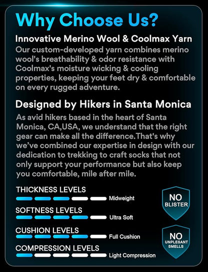 Merino Wool seamlsee Hiking Socks Moisture Wicking Anti-Blister Breathable Cushioned Compression Mens