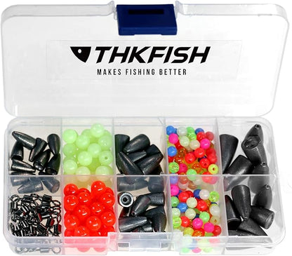THKFISH Texas and Carolina Fishing Rig Bass Fishing Bullet-Weights for Fishing Sinkers Hooks Rolling Barrel Fishing Swivels Beads Rings Fishing Tackle Kit 35pcs/339pcs/389pcs