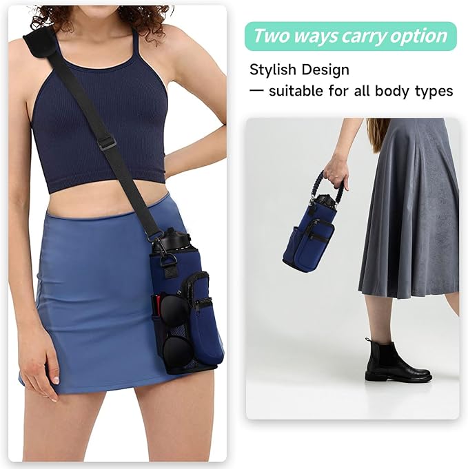 32/40/64/87/128 oz Water Bottle Carrier Bag, Neoprene Water Bottle Sleeve with 4 Pocket, Sport Water Holder with Paracord Handle and Shoulder Strap for Walking Hiking Camping Gym