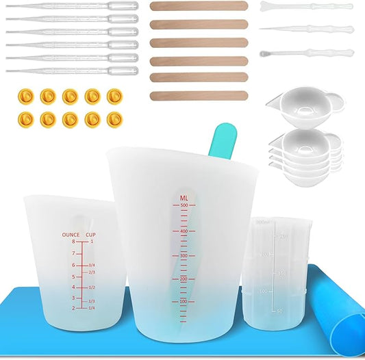 Silicone Measuring Cups for Epoxy Resin, Reusable Mixing Cups, Melt Stir Squeeze & Pour Measuring Cups Easy Clean for Molds, Jewelry, Candle Making (500ml/16oz+250ml/8oz and tool Kits)