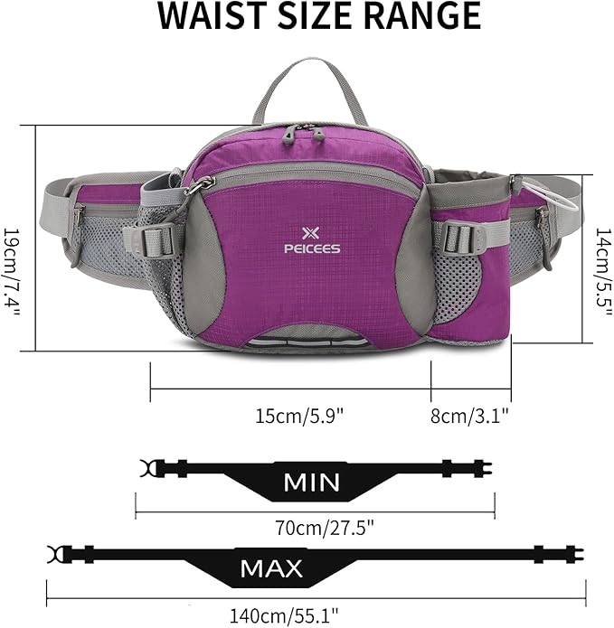 Peicees Hiking Fanny Pack Large Waist Bag for Men Women with Bottle Holder Water Resistant Lumbar Pack for Hiking Camping Fishing Outdoor (Bottle Not Included)
