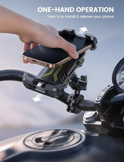 Lamicall Motorcycle Phone Mount Holder - [Dual Vibration Dampener] [Metal Adjustment Arm] Motorcycle Cell Phone Holder, Bike Handlebar Phone Mount, for iPhone 16 15 14 Pro Max, 4.7-6.7" Phones, Green
