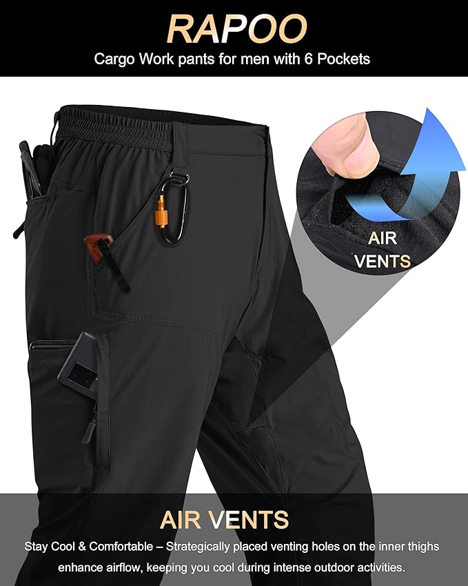 Rapoo Mens Hiking Pants Lightweight Water Resistant Breathable Nylon Cargo Pants with 6 Pockets