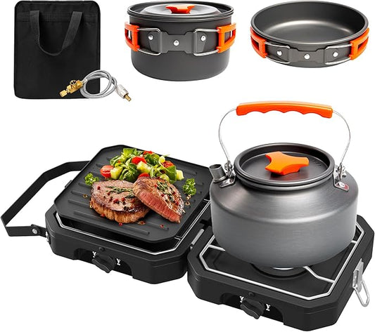 Camping Stove Portable Propane Camp Stove with 3 Pot Set, 2 Burners Foldable Gas Stove with Independently Adjustable Heat,Camping Stove Propane for Outdoor Cooking,Tailgating & Backyard Gathering,BBQ