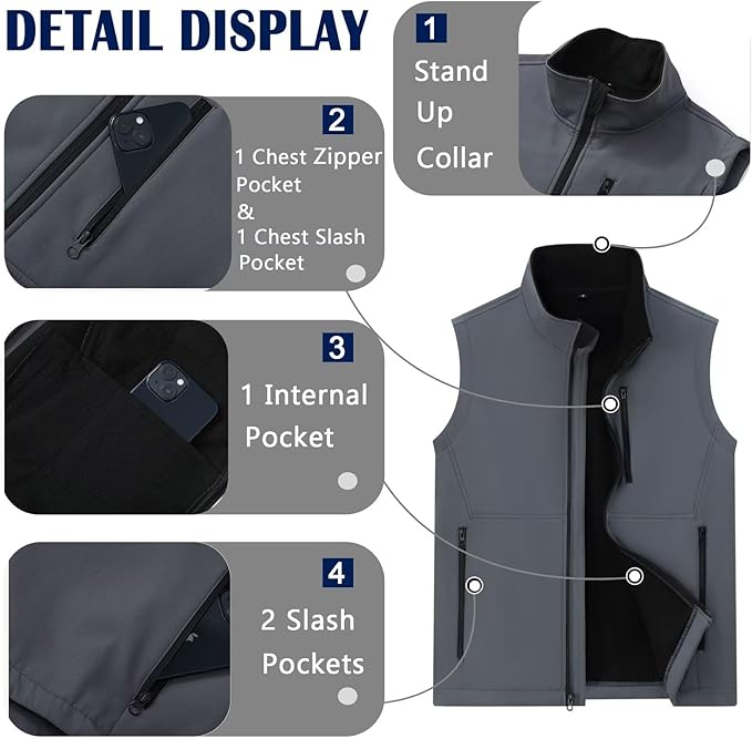 Men's Lightweight Softshell Vest Outerwear Windproof Sleeveless Jacket for Golf Running Hiking