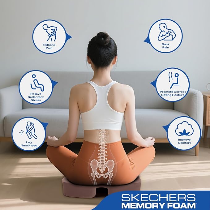 Skechers Memory Foam Seat Cushion,Ribbed Fabric Office Chair Cushion for Tailbone Pain Relief,Butt Pillow for Office Chair,Car Seat Cushion,Long Sitting Office Workers,and Car Drivers,Brown