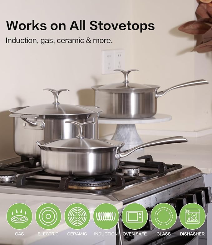 5-Ply Stainless Steel Cookware Set 6 Pcs, Non Stick Pots and Pans Set with Steam-Return Lids, Induction & Oven Safe, Non Toxic, PFOA PTFE PFOS Free, Professional Chef Quality Cookware