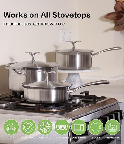 5-Ply Stainless Steel Cookware Set 6 Pcs, Non Stick Pots and Pans Set with Steam-Return Lids, Induction & Oven Safe, Non Toxic, PFOA PTFE PFOS Free, Professional Chef Quality Cookware