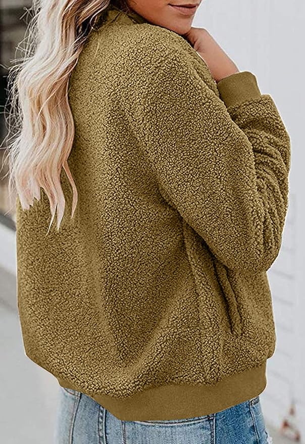 MIROL Women's Fall Trendy Fleece Jacket Faux Sherpa Fuzzy Casual Long Sleeve Zip Up Loose Fit Bomber Winter Coat