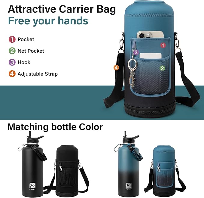 Insulated Water Bottle | Thickened Stainless Steel for Gym and Hiking with Straw, Carrier Bag, Handle Strap | BPA-Free 87 oz