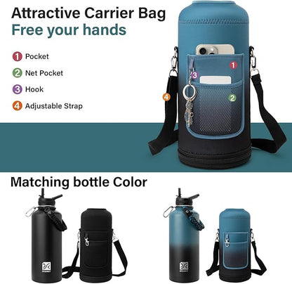 Insulated Water Bottle | Thickened Stainless Steel for Gym and Hiking with Straw, Carrier Bag, Handle Strap | BPA-Free 87 oz